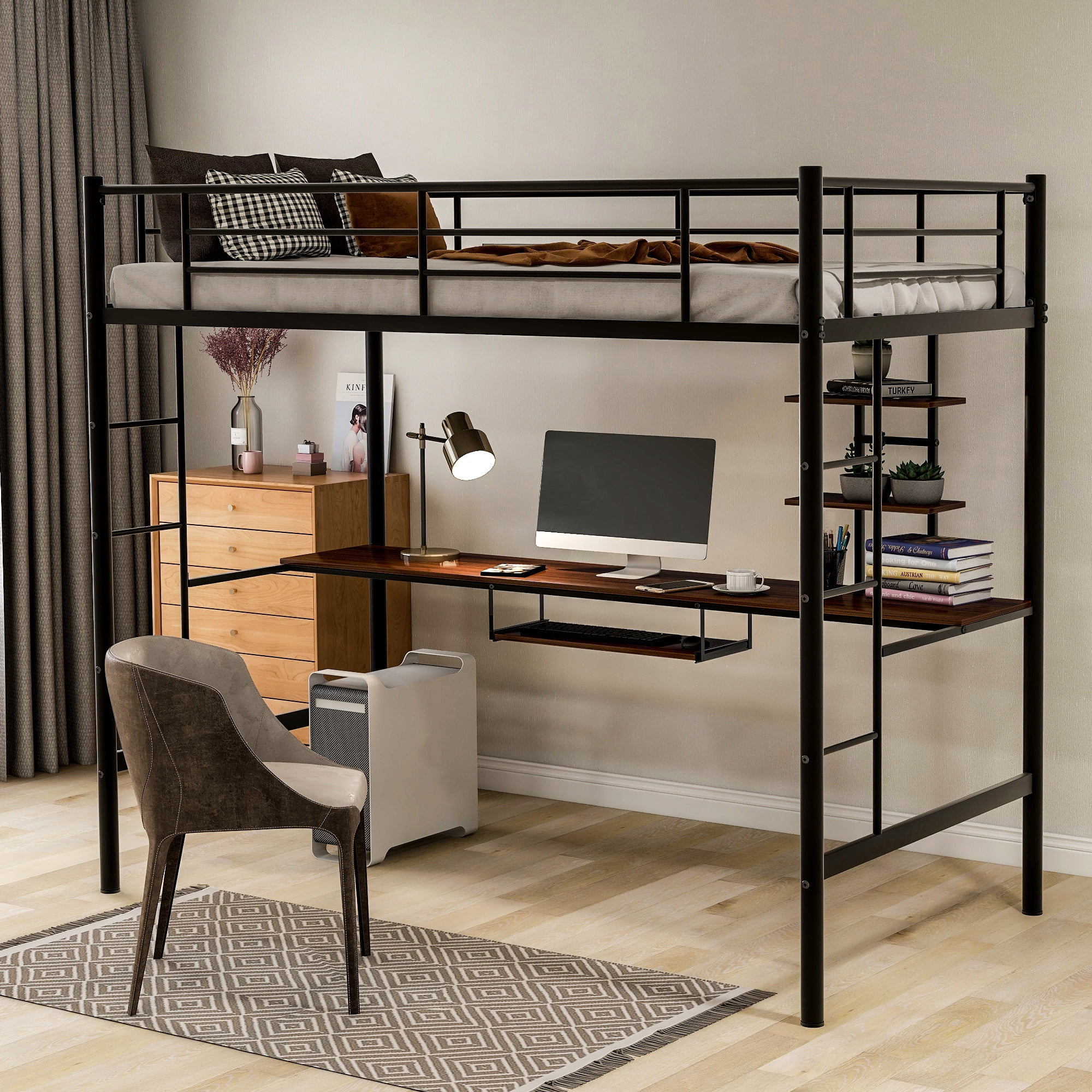 Shelves And Desk Metal Loft Bed Frame, Bed Frame With Desk Under