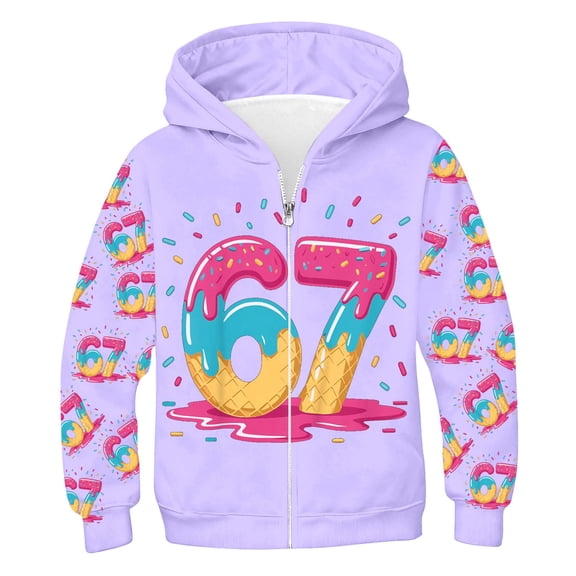 67 shirt G'irls Cartoon Print Hooded Zip Up Jacket Long Sleeve Athletic Outerwear For C'hildren Casual Animated Character Pullover