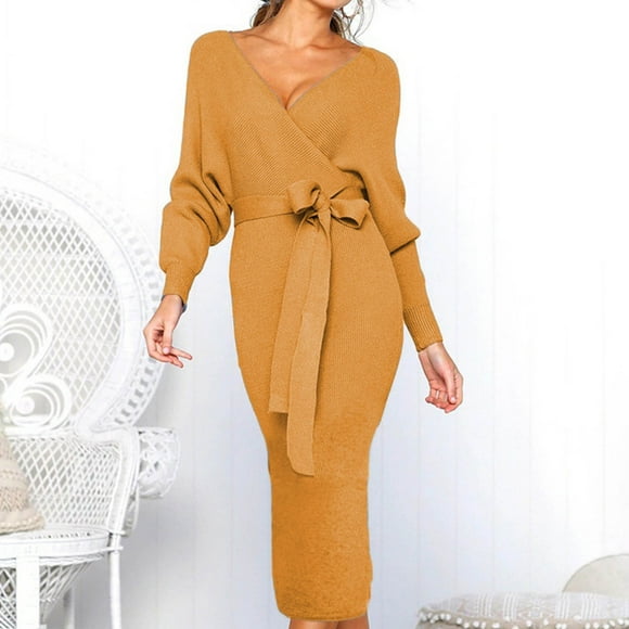 QIPOPIQ Womens Dresses for Wedding Guest Party Short Sleeve New Fall And Winter Summer Dress Sexy V-neck Tie Long-sleeved Dresses 2023 Deals