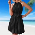 thumbnail image 3 of Vestido de mujer de una línea de color sólido con cuello halter vestido de sol para cóctel (negro L) FLhrweasw Para estrenar, 3 of 8