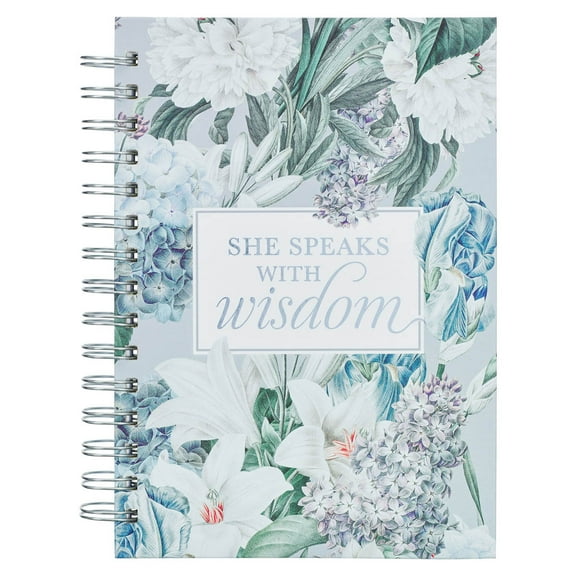 Christian Art Gifts Journal w/Scripture She Speaks with Wisdom Proverbs 31:26 Bible Verse Blue Floral 192 Ruled Pages, Large Hardcover Notebook, Wire Bound