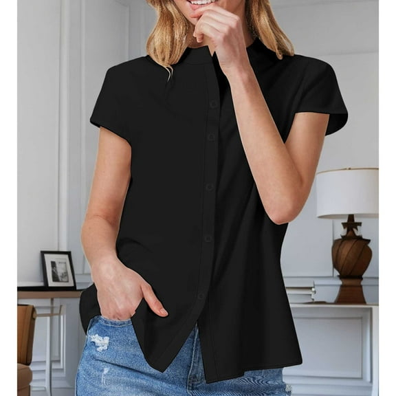 Blczomt Plain Women's Summer Tops Casual Button Down Shirt Short Sleeve Black Work Plus Size Blouses for Women