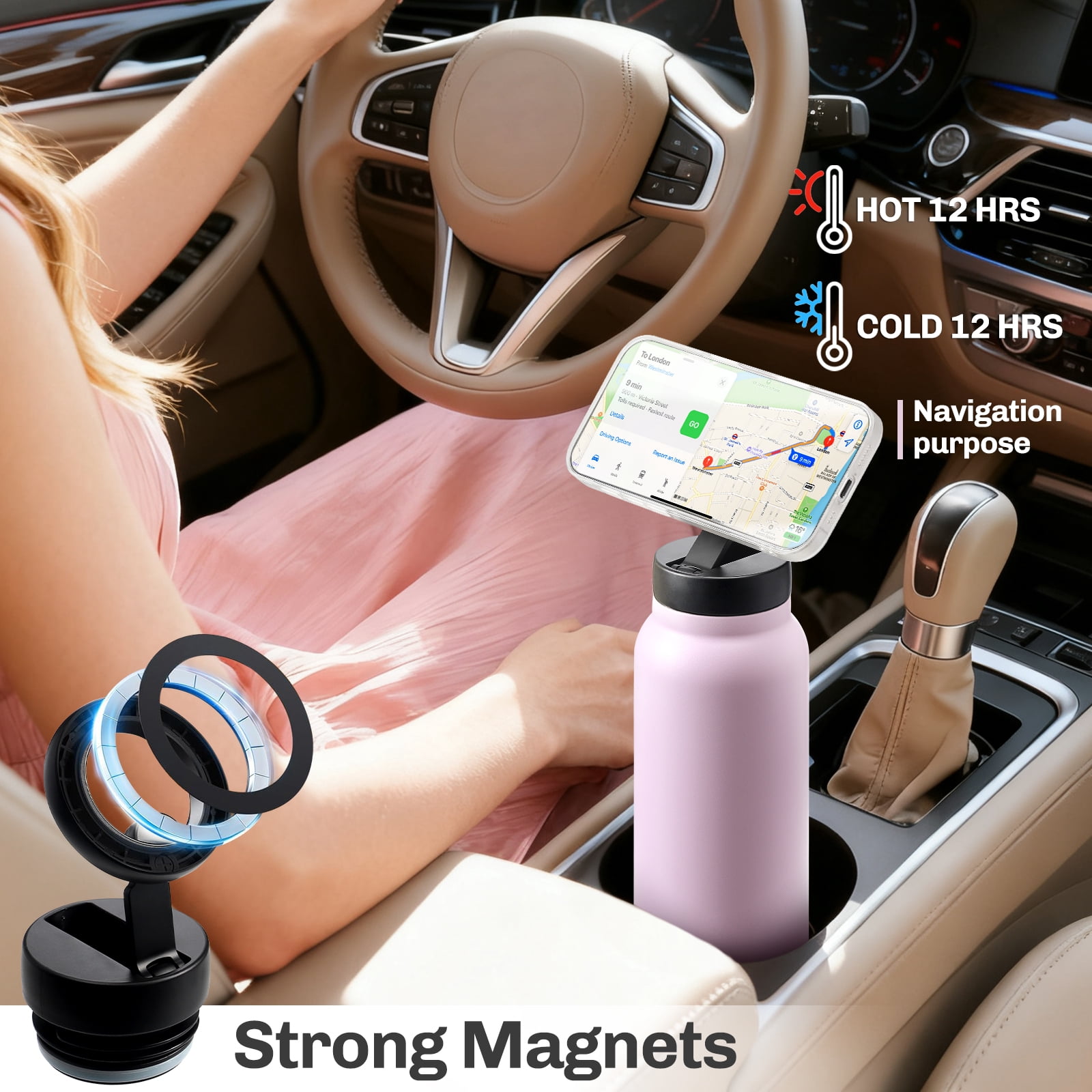 Hatisan 24 oz Insulated Water Bottle, Magnetic Stainless Steel Water Bottle, with Mobile Phone Holder Tripod, Hot for 12H, Cold for 24H(Purple)