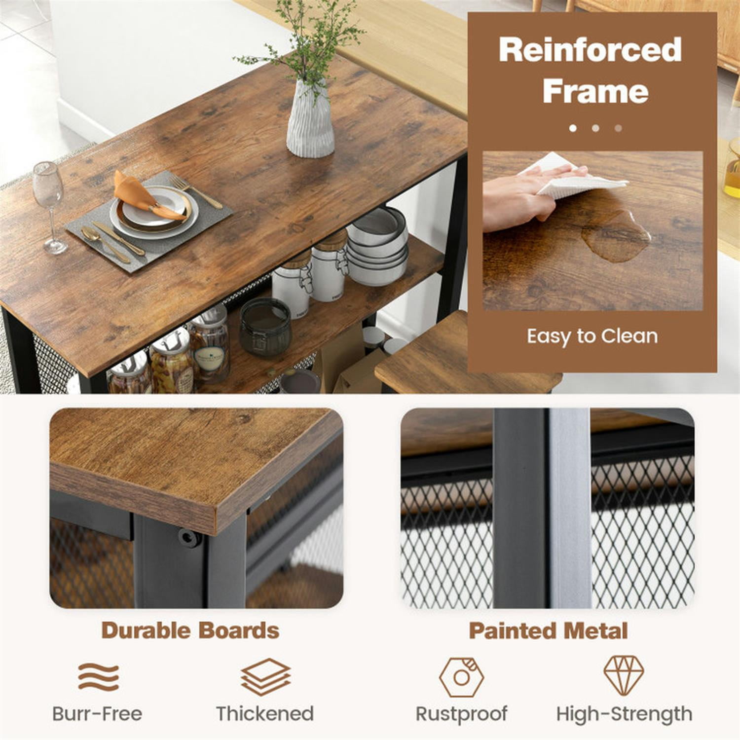 Demi Bonn 36" 3-Tier Bar Table with Storage Metal Frame Adjustable Foot Pads for Kitchen, Dining Room, Dinette, Breakfast Nook, Brown