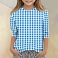 thumbnail image 3 of CCRFTGI Girls Shirts Cute Plaid Shirt Graphic Tees for Kids Summer Girls Fashion 3/4 Sleeve Tops Crewneck T Shirts Blue 3-4 Years, 3 of 6