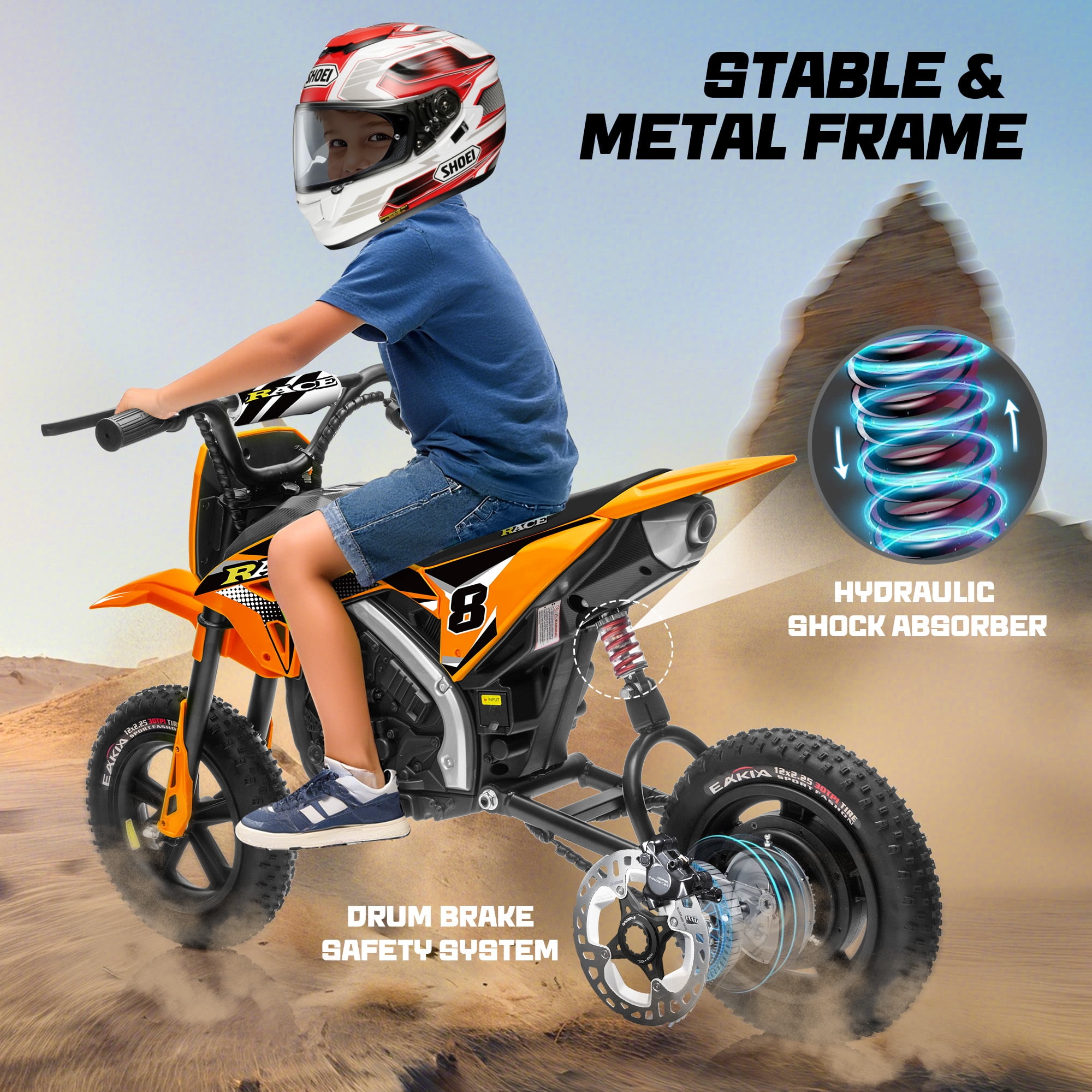 24V Kids Electric Dirt Bike - 250W Electric Motorcycle, 11 Mph Max Speed Electric Mini Dirt Bike with Music, 10 Miles Range, Twist Grip Throttle, Metal Suspension, Rubber Tire (Orange, with Cover)
