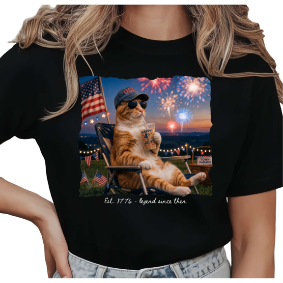 UNISHE Women's Patriotic Cat Graphic Tee Americana Summer Print Short Sleeve Crew Neck Top
