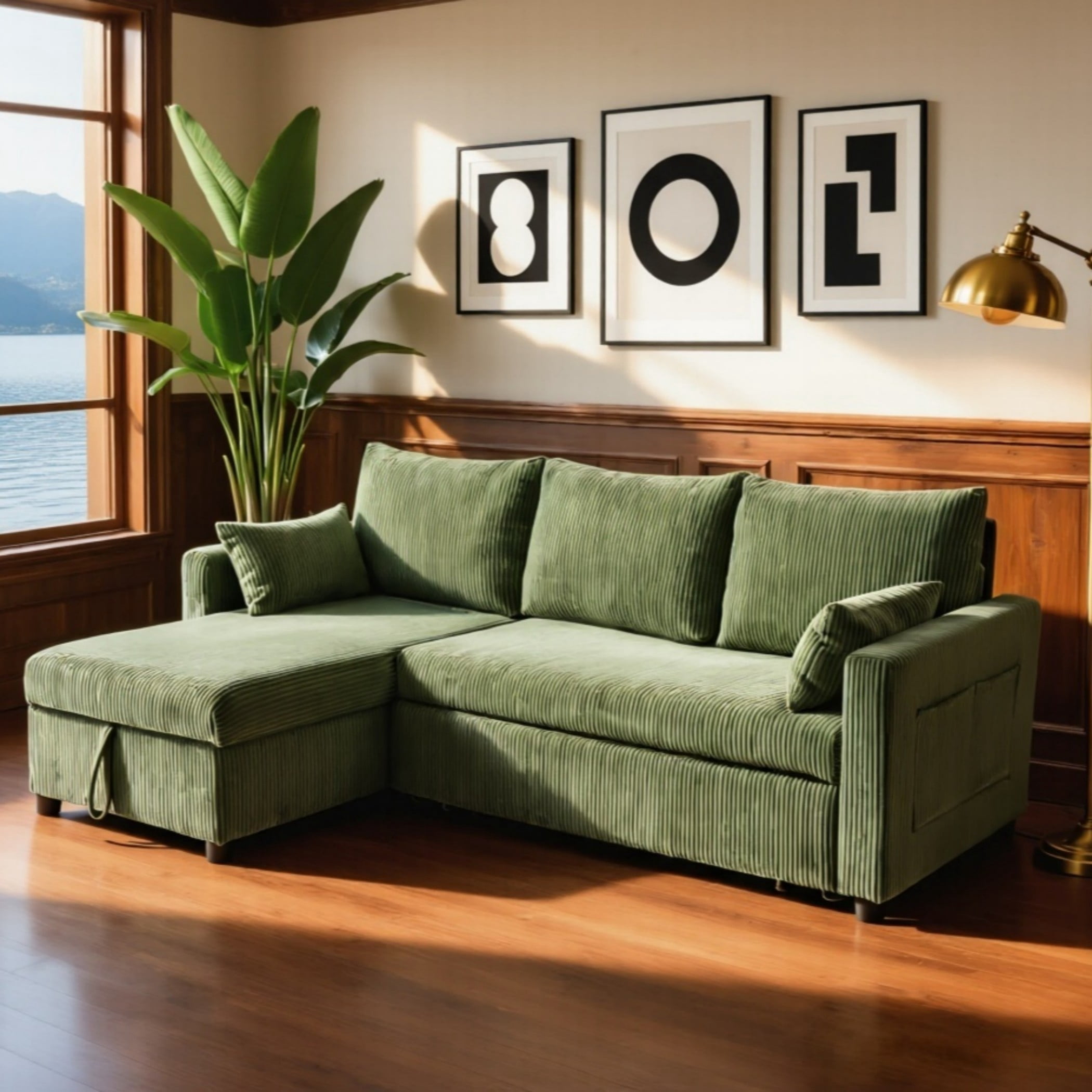 BSHTI L-Shaped Pull-Out Sleeper Sofa Bed with Storage Chaise, 3-Seater Convertible Corduroy Sectional Couch, Solid Wood & Iron Frame, Olive Drab