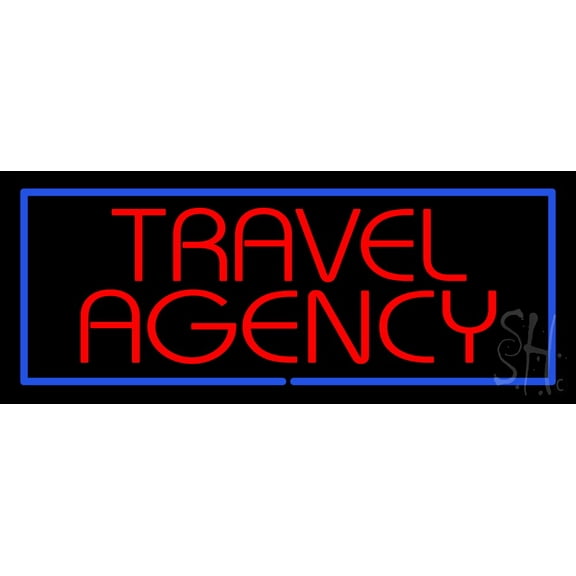 Red Travel Agency Blue Border LED Neon Sign 13 x 32 - inches, Black Square Cut Acrylic Backing, with Dimmer - Bright and Premium built indoor LED Neon Sign for Décor, Travel agency, Storefront.