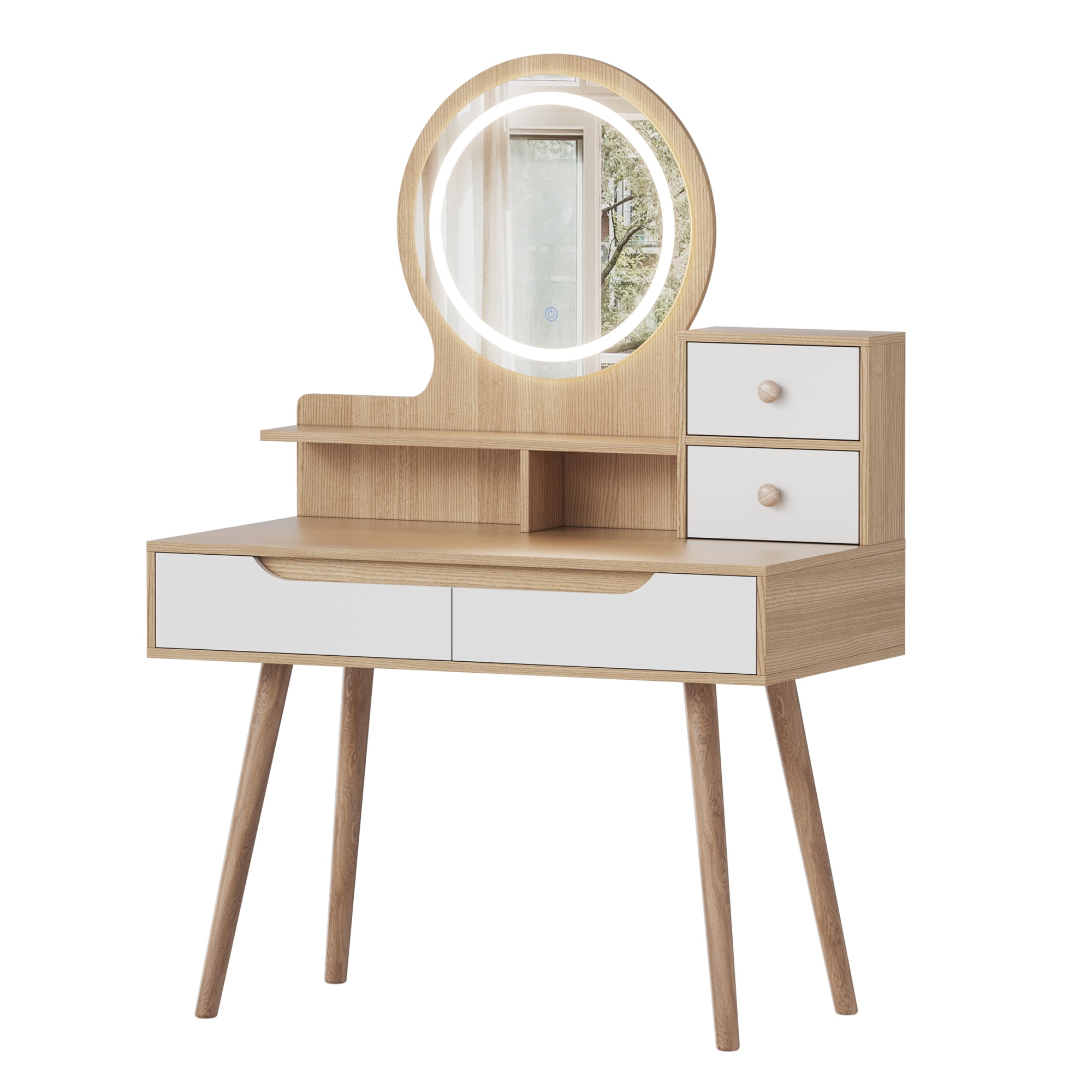 Montary Vanity Desk w/ 3 Modes LED Mirror & Solid Wood Legs | 4 Drawers + 3 Shelves | Small Space Bedroom Set