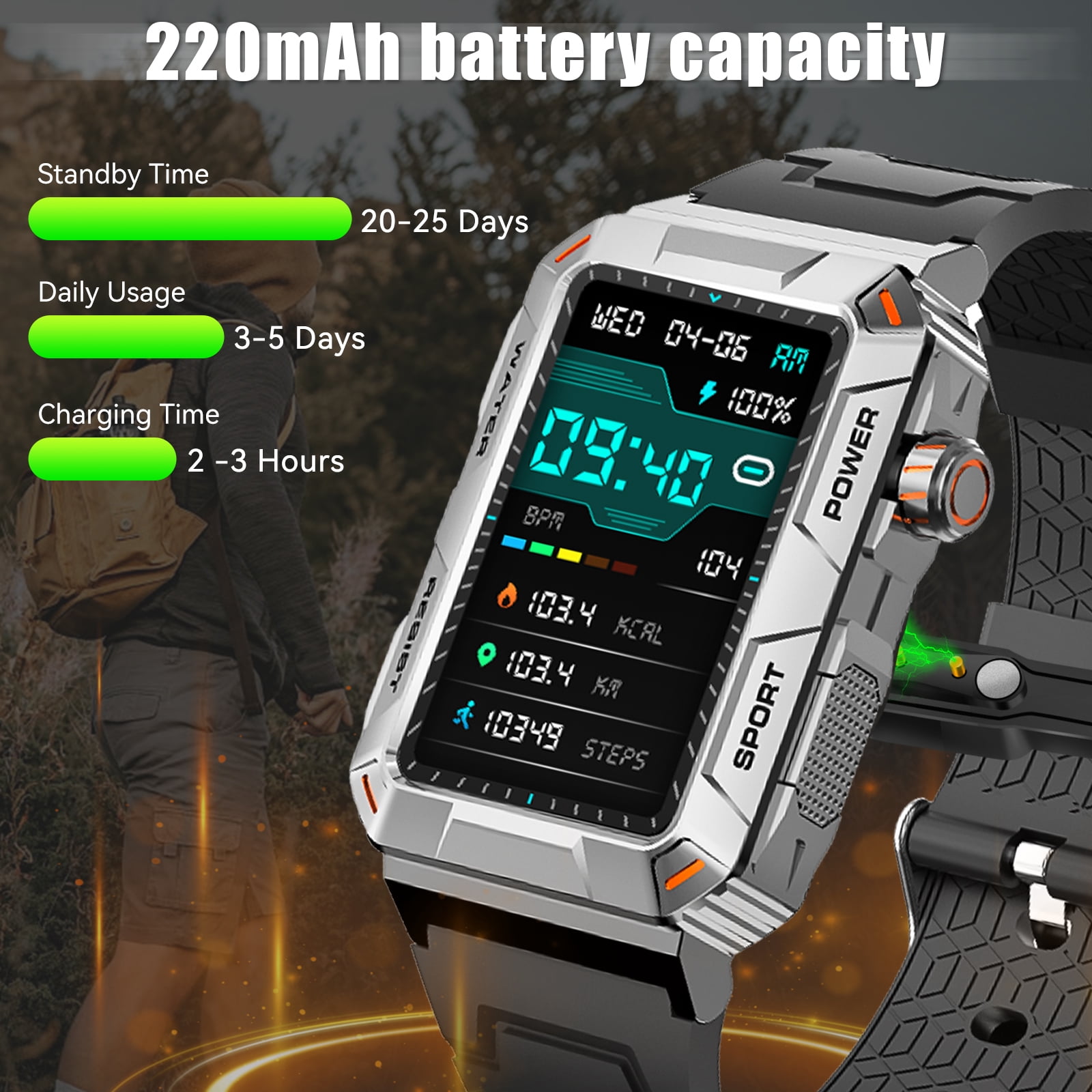 VOPOCO MT88 Rugged Smartwatch Big Screen HD Smart Watch for Men IP67 Waterproof Outdoor Watch Compatible with iOS Android, 1pc