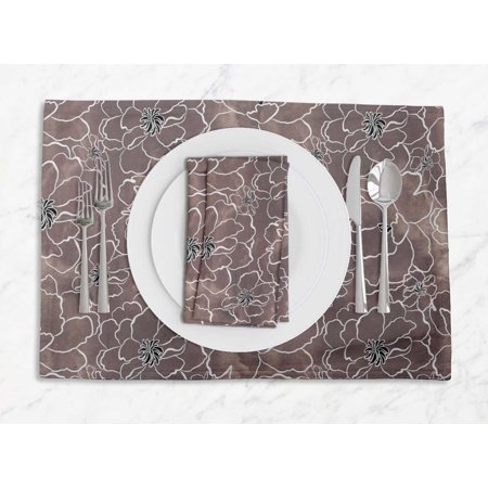 S4Sassy Brown Camellia Kanjiro Floral Printed Dining Room Reversible Tablemats With Napkins set