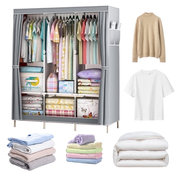 E-Greetshopping Portable Closet Organizer, 67"x49"x18" Wardrobe Closet with 3 Hanging Rods, 6 Clothes Storage Organizer Shelves, Dustproof Non-woven Fabric Closet Storage,Silver