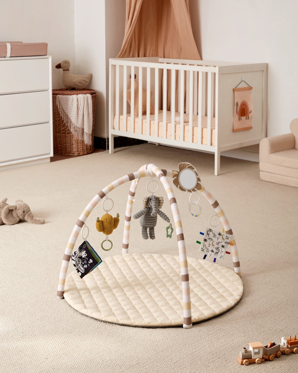 Blissful Diary Baby Play Gym Activity Mat, Tummy Time Mat Play Mat with 6 Sensory Toys for Motor Skill Development, Newborn Infant Baby Essentials Gift for Boys Girls, Oatmeal Beige