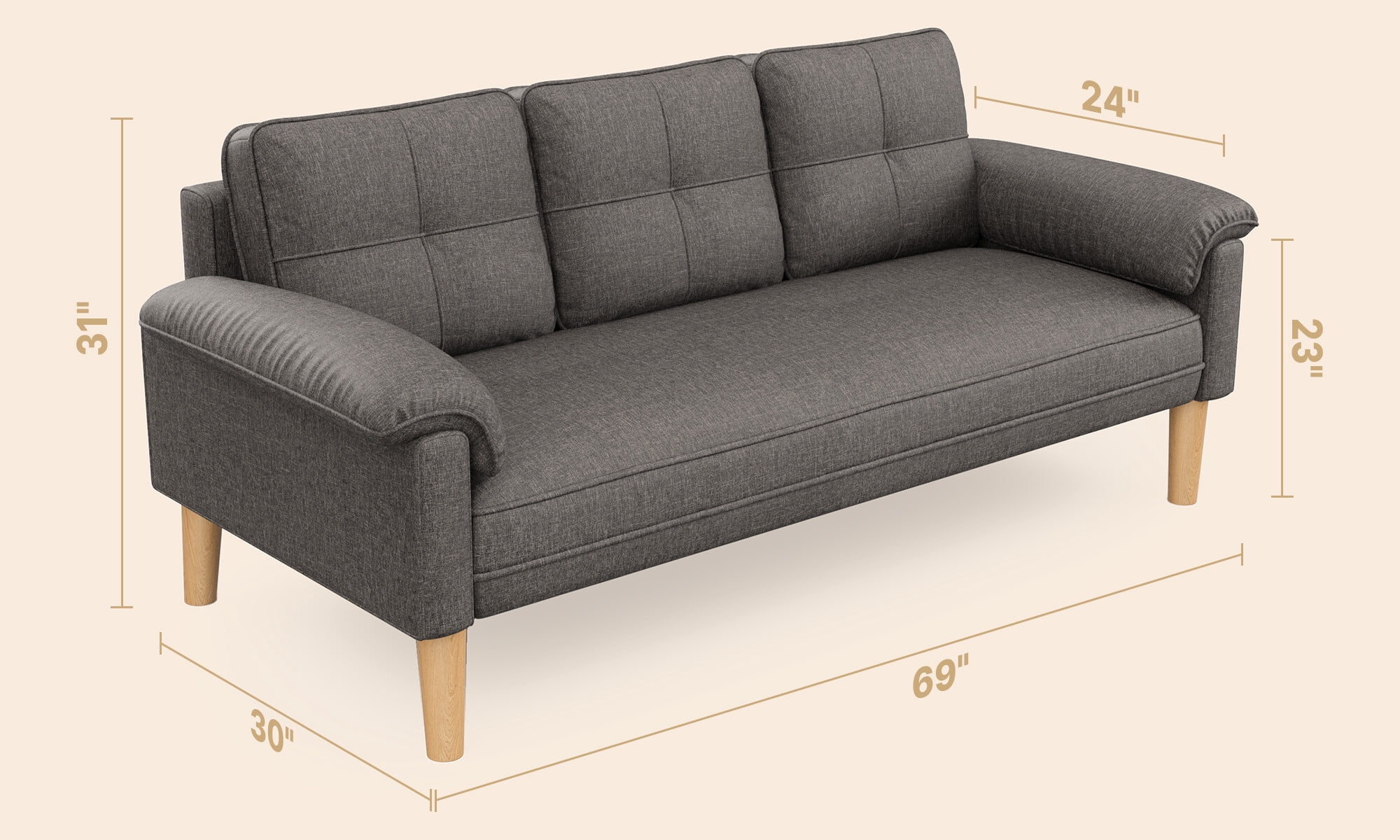 Space-Saving 68" Sofa with Storage & 3 Pillows, Modern Couch for Living Room & Apartment, Dark Gray