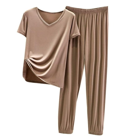

DeHolifer Women Pajama Set Casual Short Set Ribs Without Marks Short Sleeved Round Neck Top/Shirt Set Oversized Home Clothing Oversized Pajamas Two Piece Suit Khaki 01 XX-Large