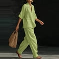 thumbnail image 5 of Domzest Two Piece Linen Sets for Women Short Sleeve V Neck Tunic Top Matching Wide Leg Pants Casual Loose Outfits With Side Pockets Green 2XL, 5 of 6