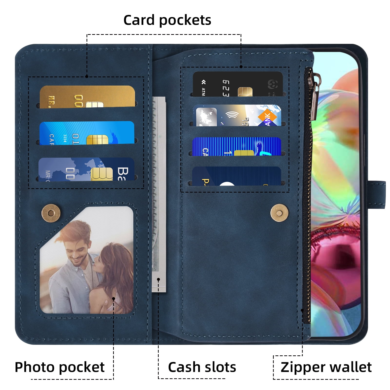 Asuwish Phone Case for Samsung Galaxy A71 4G Wallet Cover With Tempered Glass Screen Protector Crossbody Wrist Strap Flip Pattern Zipper Credit Card Holder Stand Cell A 71 71A S71 A715F Women Blue