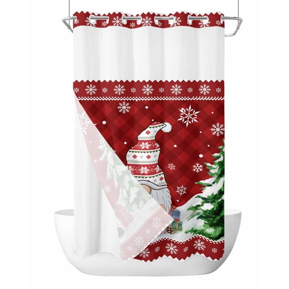 No Hook Shower Curtain with Snap in Liner,Cartoon Christmas Tree Gnome Waterproof Bath Curtain Double Layers with See Through Top Window, Red Striped Hotel Shower Curtains 36x72in