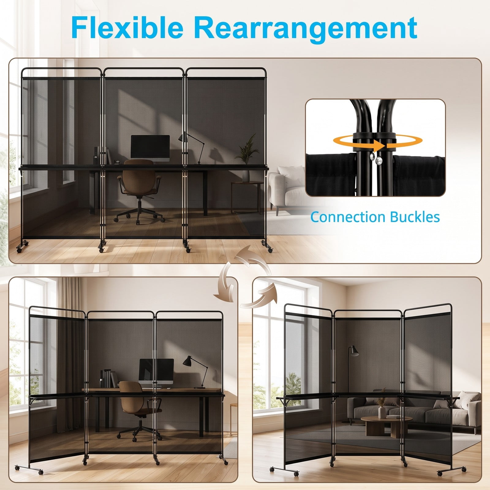 ALPULON 3-Panel Room Divider with 3 Shelves, 6 FT Tall Folding Privacy Screen Freestanding Partition with Lockable Wheels for Living Room Bedroom Office, Black