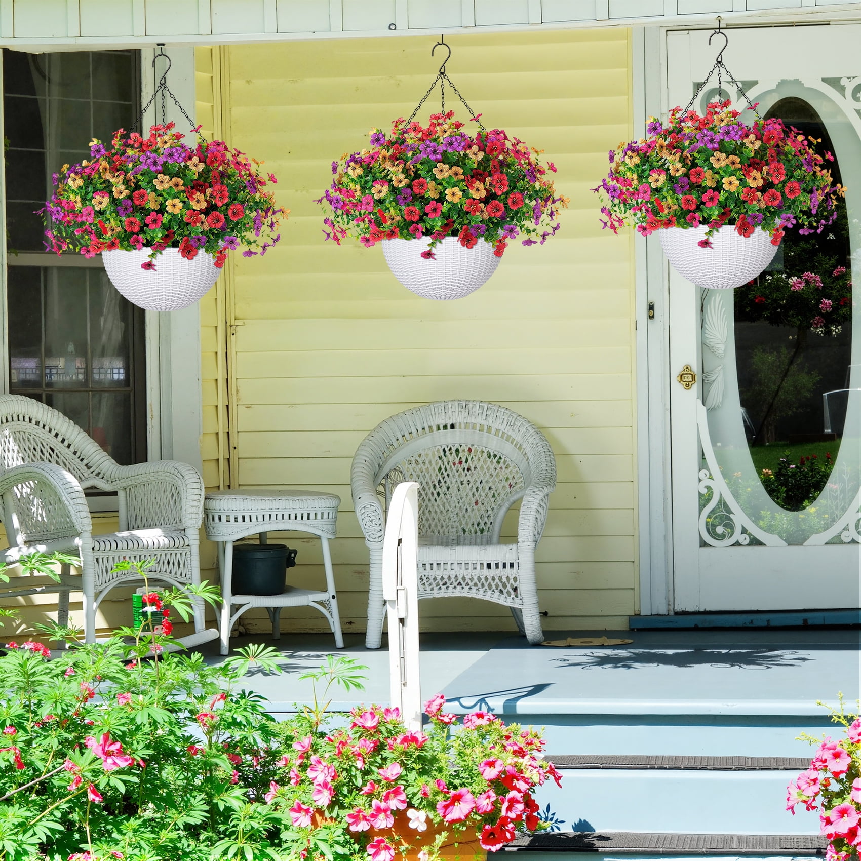 Scidweet Artificial Hanging Flowers, 12 Pcs Fake Flowers Faux Plants with Imitation Woven White Basket for Outside Indoor Spring Summer Decoration for Home Garden
