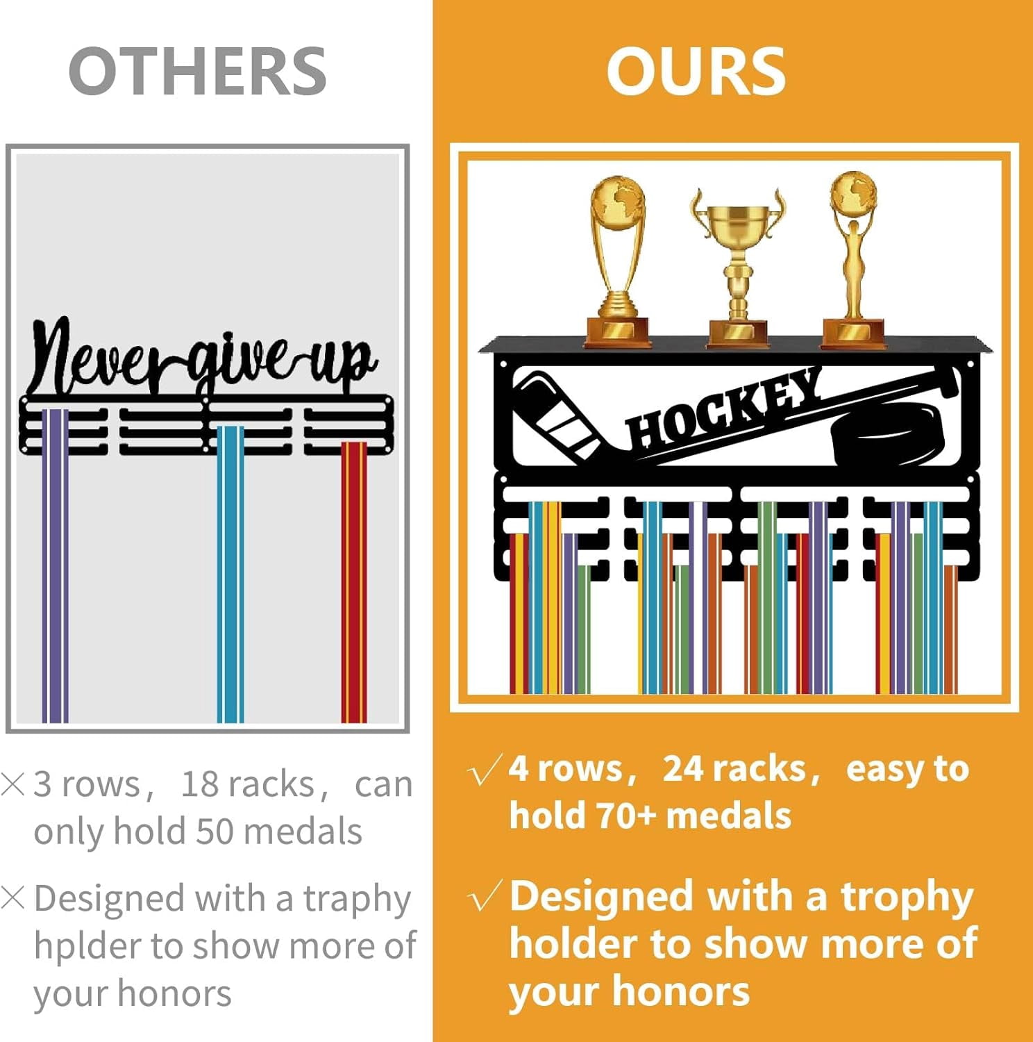 Hockey Medal Holder Trophy Shelf Display with 12 Hooks Sports Black Medals Display with Shelf Awards Medal Hanger Rack for DIY