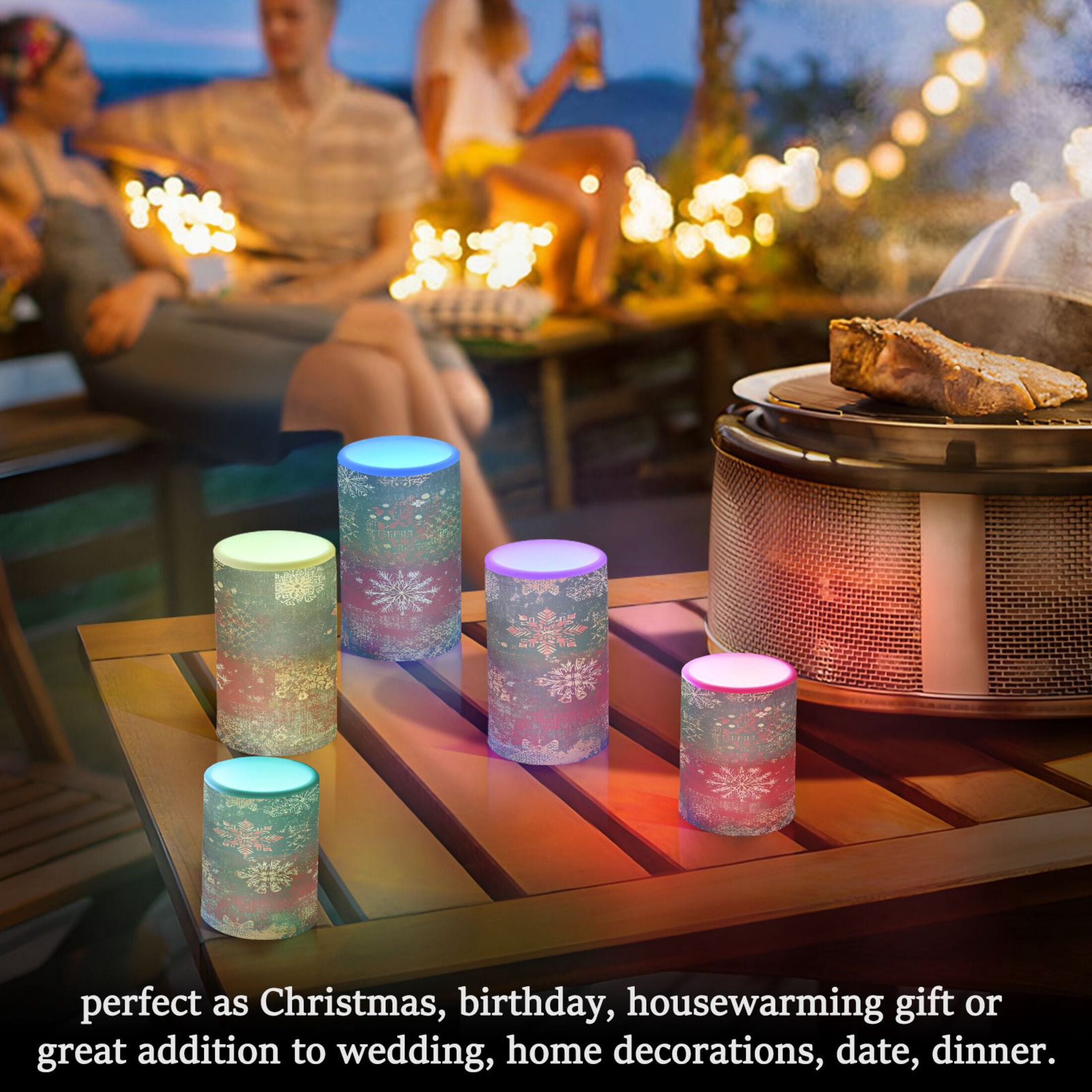 Flickering Flameless LED Candles set of 2 Battery Operated 18-Key Remotes Timer Halloween Fall Decor Christmas Themed Snowflakes D3''xH4''5''