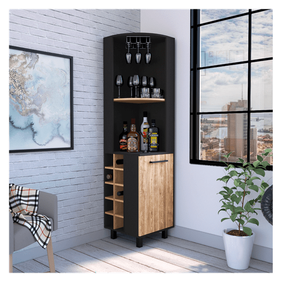 Kaia Corner Bar Cabinet, Two Shelves, Ten Built-in Wine Rack, Single Door Cabinet, Two interior Shelves, -Black / Pine