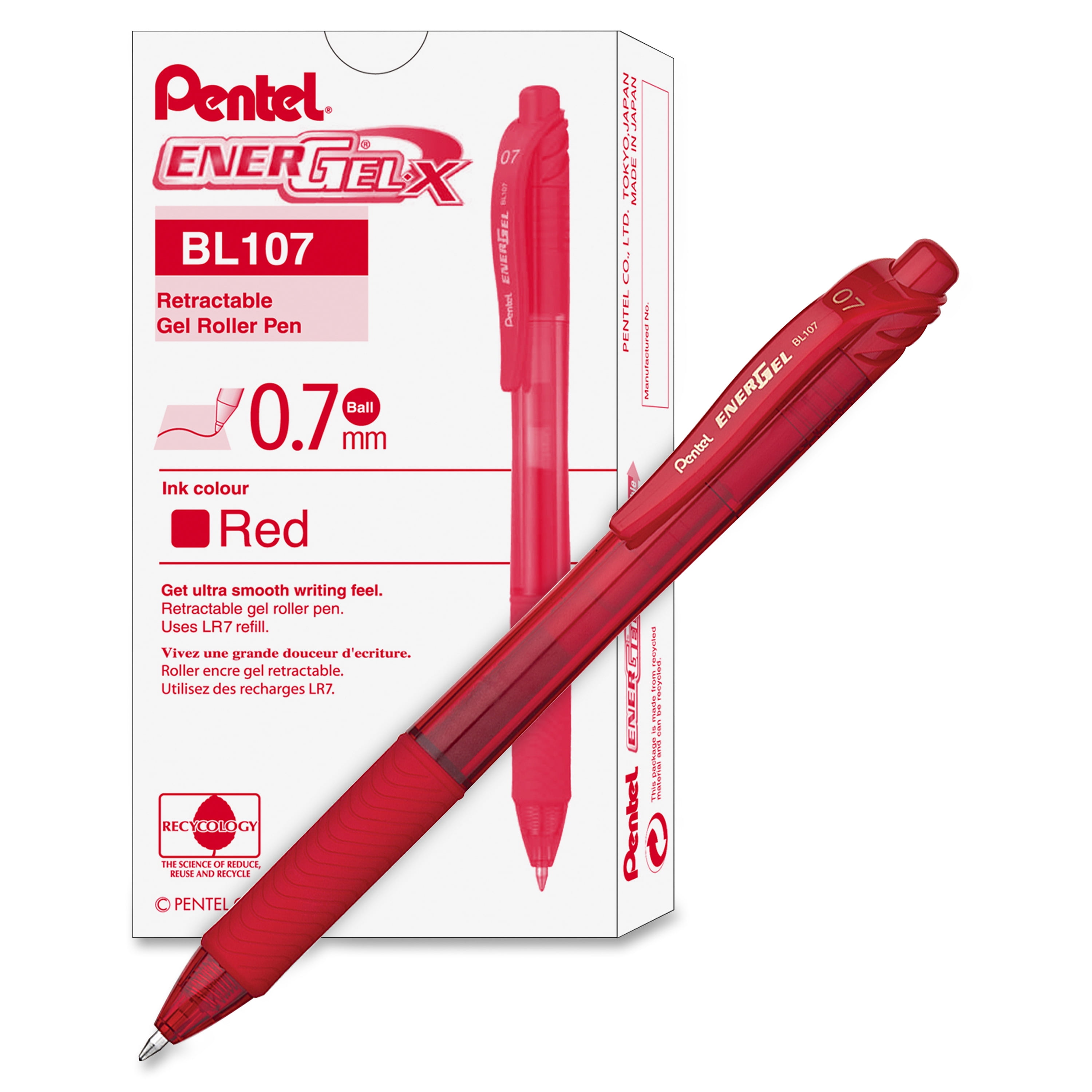 Pentel BL107B EnerGel X Roller Ball Retractable Gel Pen, Red, Dozen (BL107-B) by Pentel