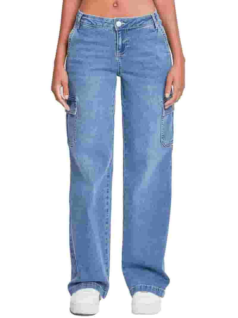 デニム・ジーパン MLB Korea Women's Basic Destroyed Wide Denim Pants NY LBlue Women's Low-Rise Loose Denim Straight Leg Cargo Skater