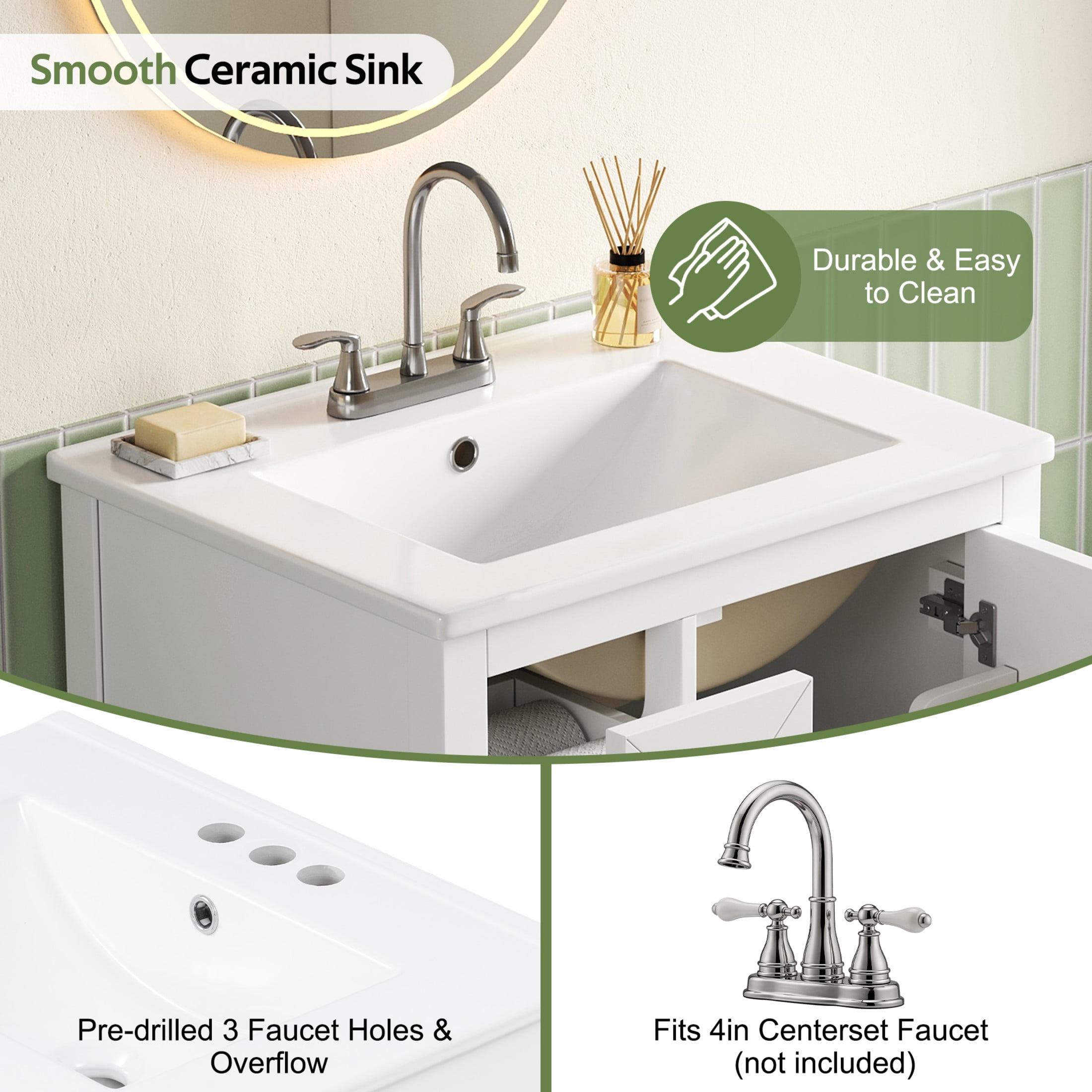 Christopher Knight Home 24" Modern Bathroom Vanity with Sink, Soft-Close Drawers and Door, White