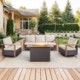 thumbnail image 3 of Bellefurn Luxury 4 Pieces Patio Furniture Set with 41” Propane Fire Pit Table,Rattan Outdoor Deep Seating Conversation Set with Swivel Glider Patio Chair and Rattan Sofa for Porch Backyard Balcony, 3 of 15