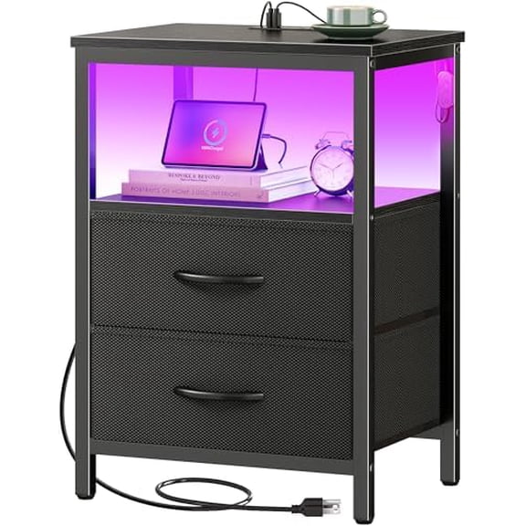 Night Stand with Charger Station and LED Lights, 2 Drawer Nightstand, Bed Side Table with Open Shelf, End Table, Fabric Dresser for Bedroom, Black