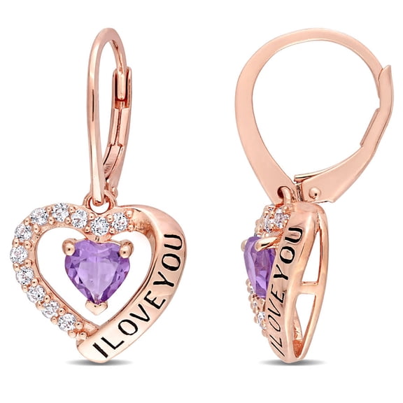 AMOUR C1 1/2 CT TGW Amethyst and White Topaz Heart 'i Love You' Leverback Earrings In Rose Plated Sterling Silver