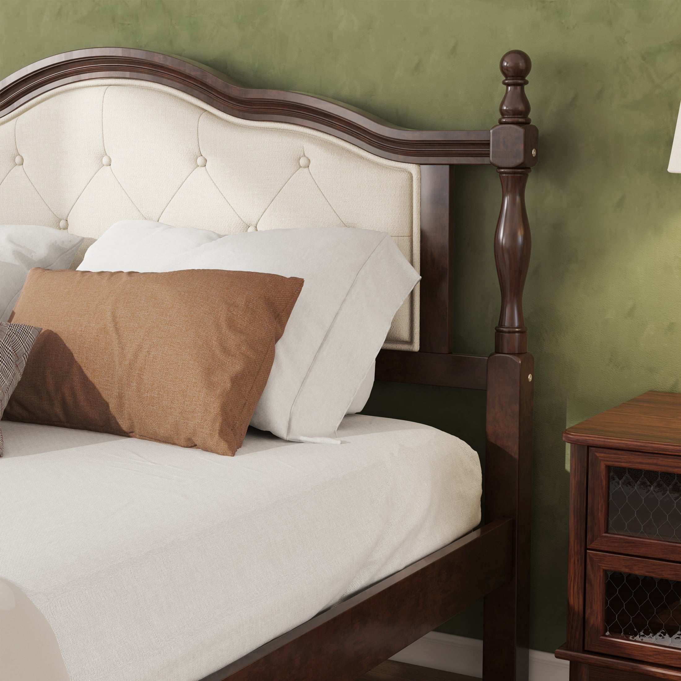 Alvantor Queen Size Bed Frame with Upholstered Headboard & Panel Footboard in Pine Wood, Walnut