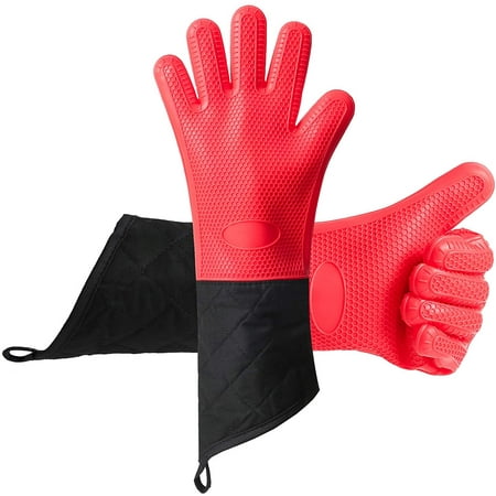 Oven Gloves, Heat Resistant Silicone BBQ Gloves Extra Long Waterproof ...