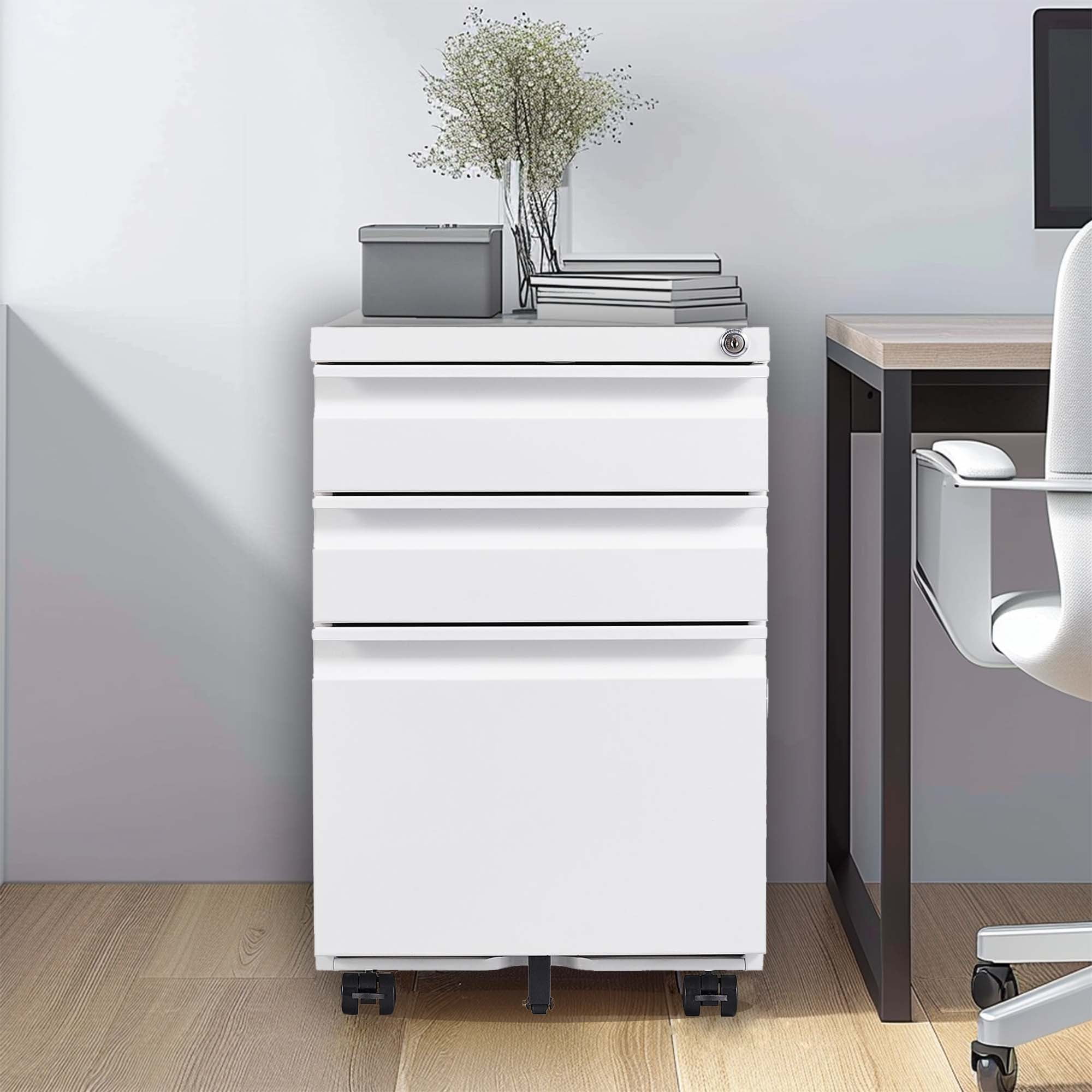 3 Drawer Mobile File Cabinet with Lock, Metal Filing Cabinets for Home Office Organizer Letters/Legal/A4, Fully Assembled Except Wheels, White