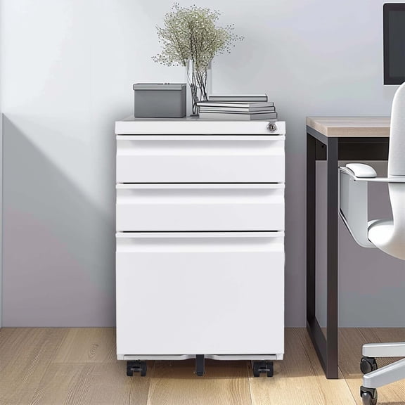 3-Drawer Mobile File Cabinet Modern Design Fully Assembled Metal Filing Cabinet with Lock for Home Office, Organizer for Letter/Legal/A4 Files,Secure Storage with Wheels ,White