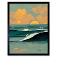 thumbnail image 1 of Surfers Surfing Chasing Waves at Sunset Teal Mustard Abstract Oil Paint Art Print Framed Poster Wall Decor 12x16 inch, 1 of 5