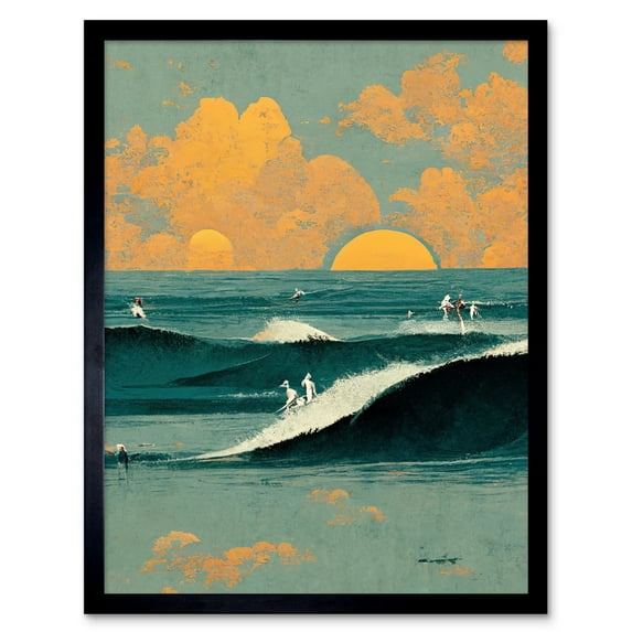 Surfers Surfing Chasing Waves at Sunset Teal Mustard Abstract Oil Paint Art Print Framed Poster Wall Decor 12x16 inch