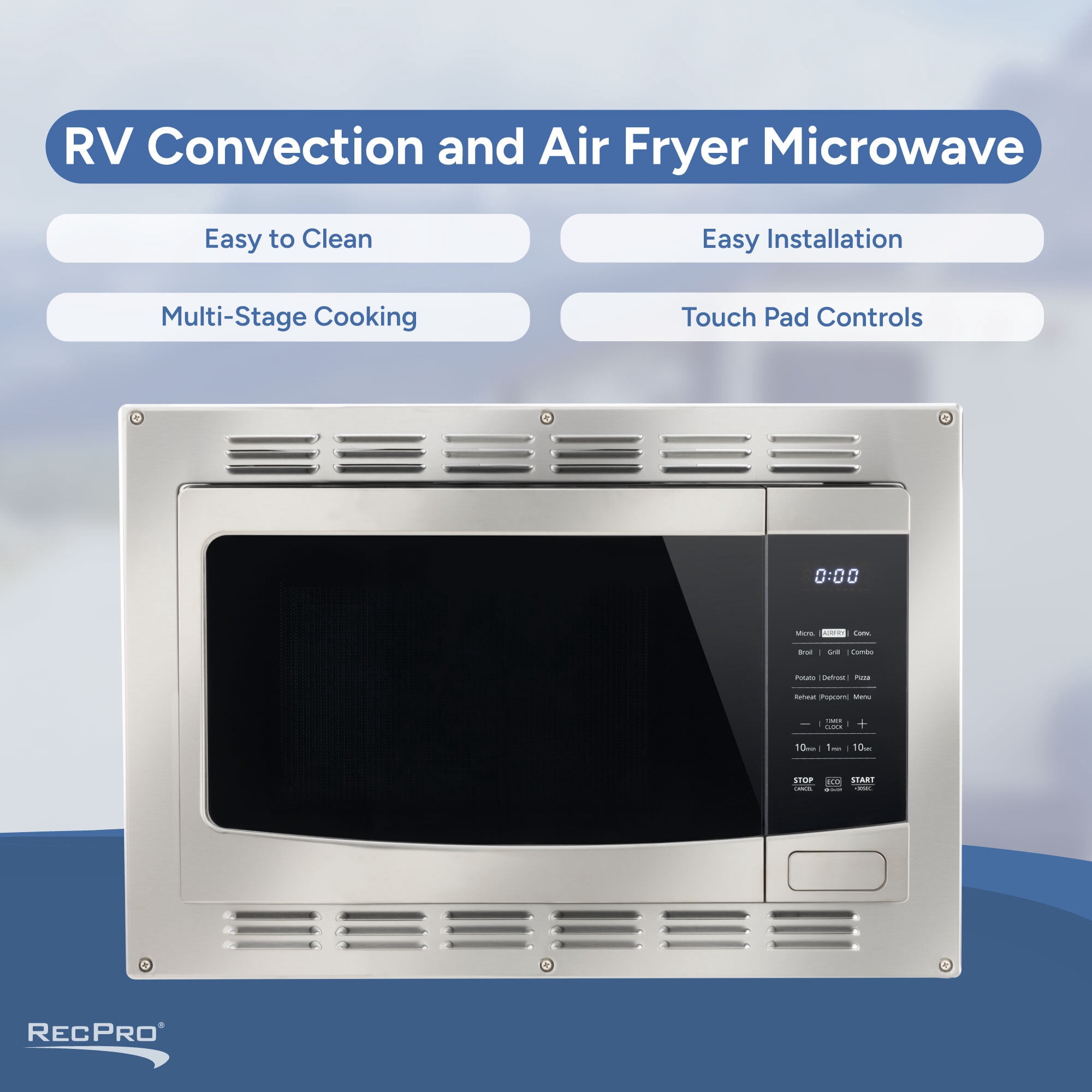 RecPro RV Kitchen Air Fryer & Convection Microwave with Trim Kit | 1.0 Cu. Ft. | 120V | 6 Cooking Modes (Stainless Steel)