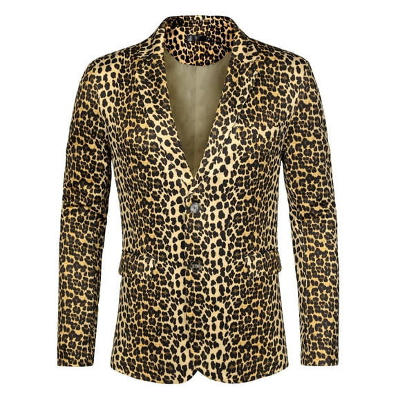 Unique Bargains Men's Leopard Animal Print Notched Lapel Slim Fit Blazer 2XL Yellow Black