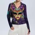 thumbnail image 4 of Womens Mardi Gras Shirts Glitter Mask Print V Neck Graphic Tee Sparkly Long Sleeve Purple Blouse Purple M, 4 of 7