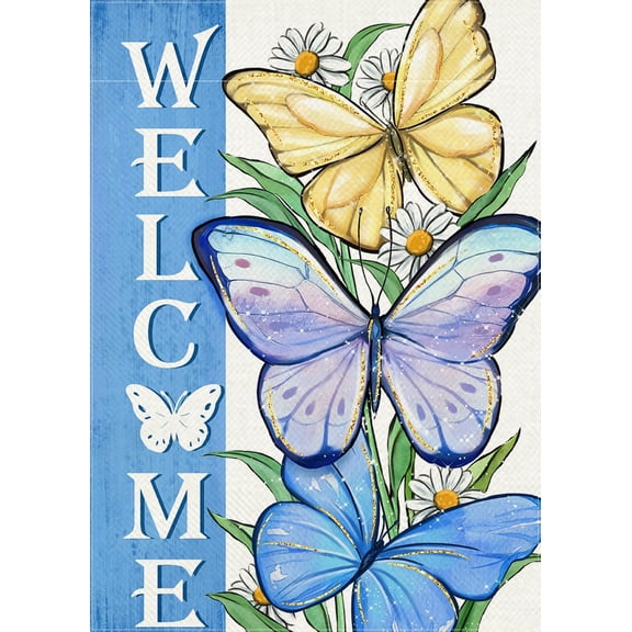 Welcome Spring Summer Butterfly Decorative Garden Flag, Daisy Flowers Floral Blue Yard Outside Decorations, Seasonal Burlap Outdoor Small Home Decor Double Sided 12.5 x 18