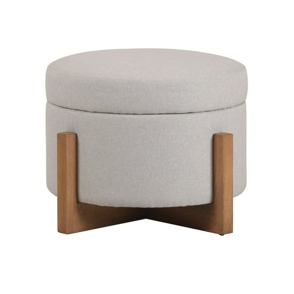 Modrest Sada Mid-Century Modern Beige Linen & Chestnut Round Ottoman