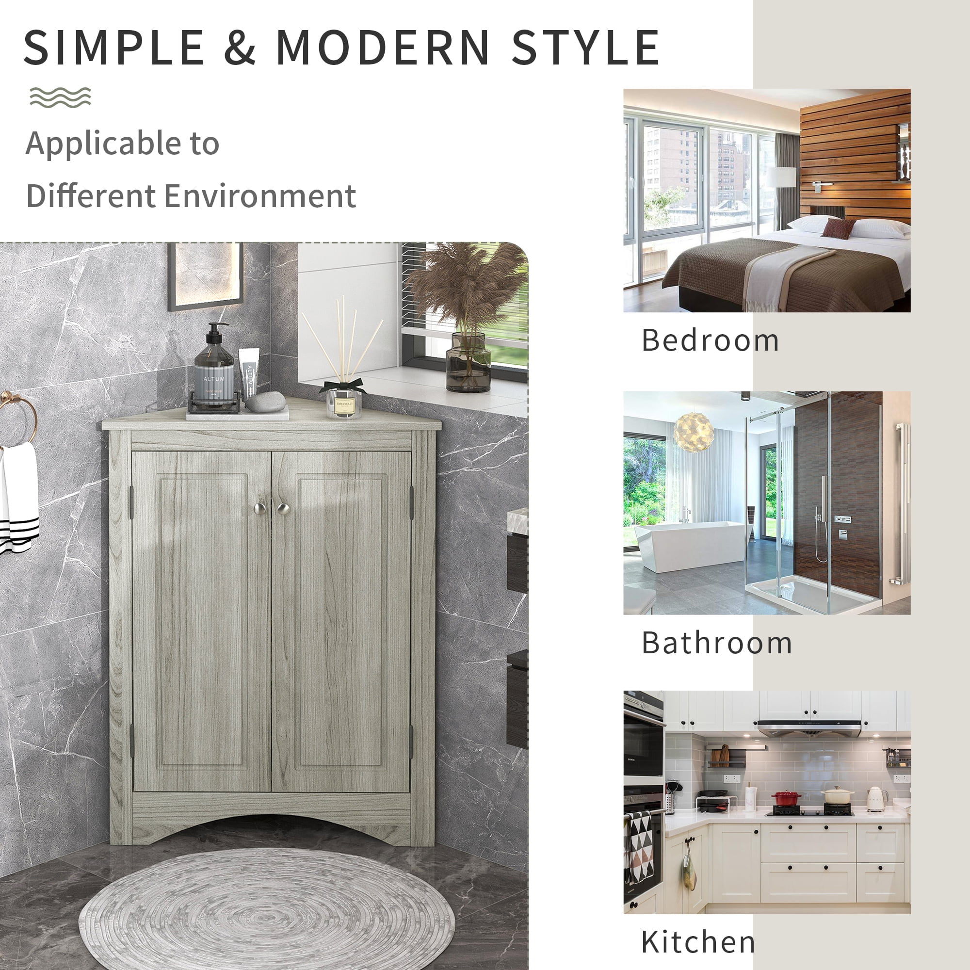Royard Oaktree Corner Storage Cabinet with Doors and 3 Adjustable Shelves Freestanding Floor Bathroom Cabinet Modern Cupboard Organizer for Kitchen Living Room Bedroom,Oak