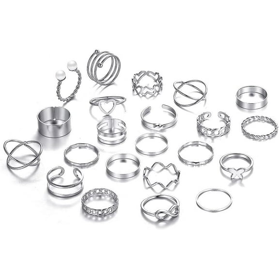 22Pcs 22 Style Heart Butterfly Criss Wave Alloy Finger Rings Set Stackable Rings for Women Platinum Inner Diameter 18mm Silver