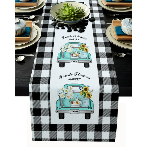 Table Runner Dresser Scarves 90 Inch Long, Daisy and Sunflowers on Truck Linen Dining Table Runners Black and White Buffalp Plaid Grid Tabletop Scarf for Wedding Holiday Party Kitchen