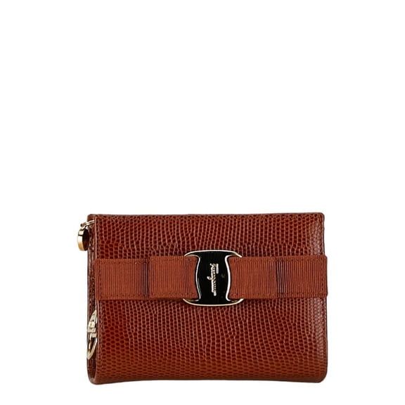 Pre-Owned Salvatore Ferragamo Vara Ribbon Embossed Pouch Brown Leather Women's