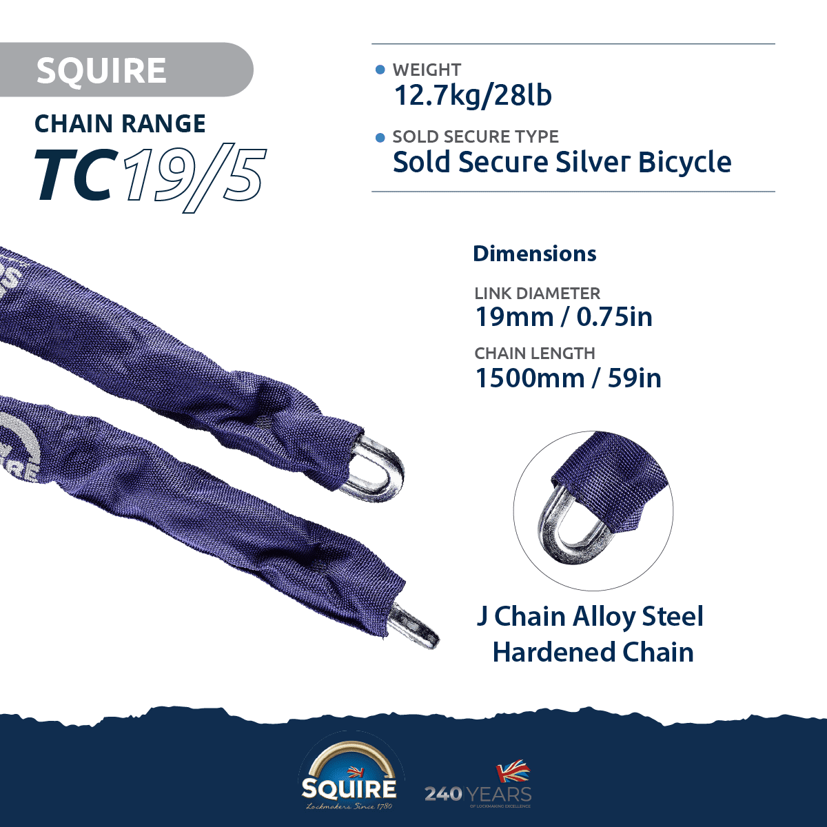 Squire SS80CS Padlock & Chain Set - 80mm Boron Steel Lock with 16mm Sleeved Chain
